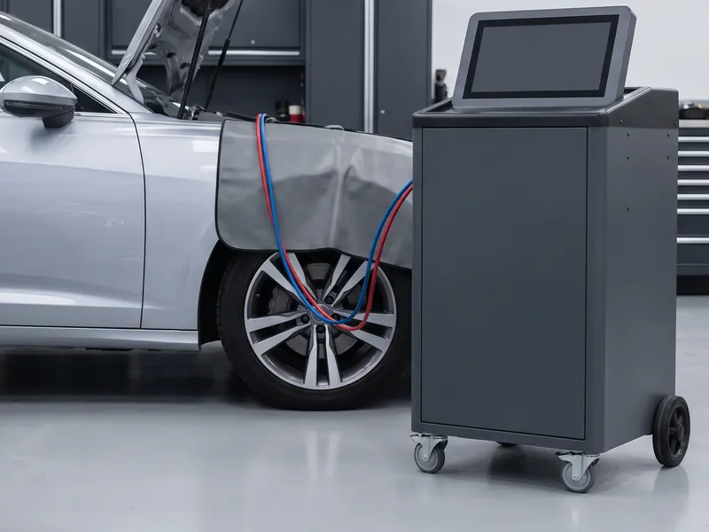 Klimaservice-Gerät mit rotem und blauem Schlauch am Auto mit geöffneter Motorhaube und Kotflügelschutz
