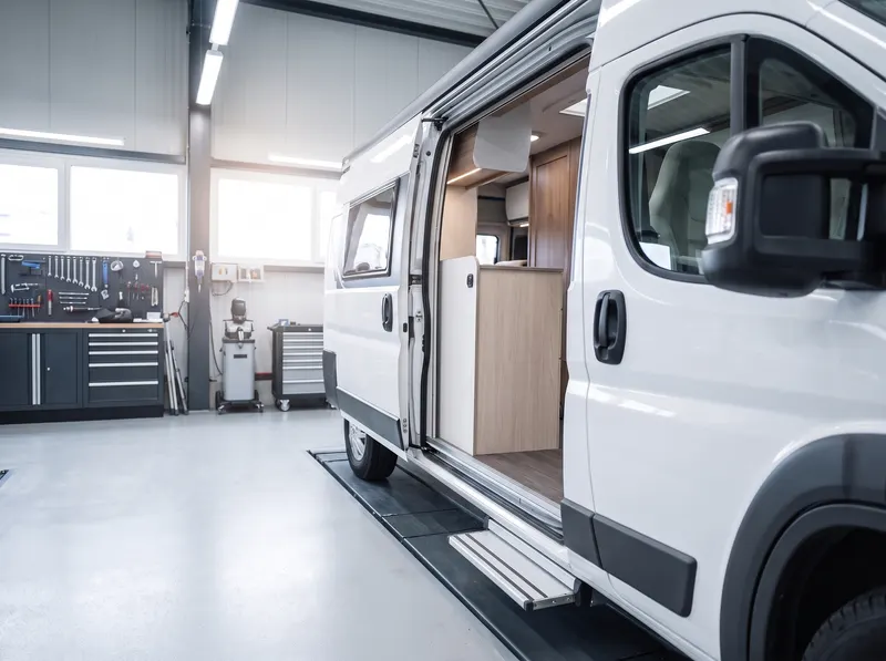 Weißer Campingbus mit offener Schiebetür und Holz-Innenausbau in einer hellen Werkstatthalle mit Werkzeugwand